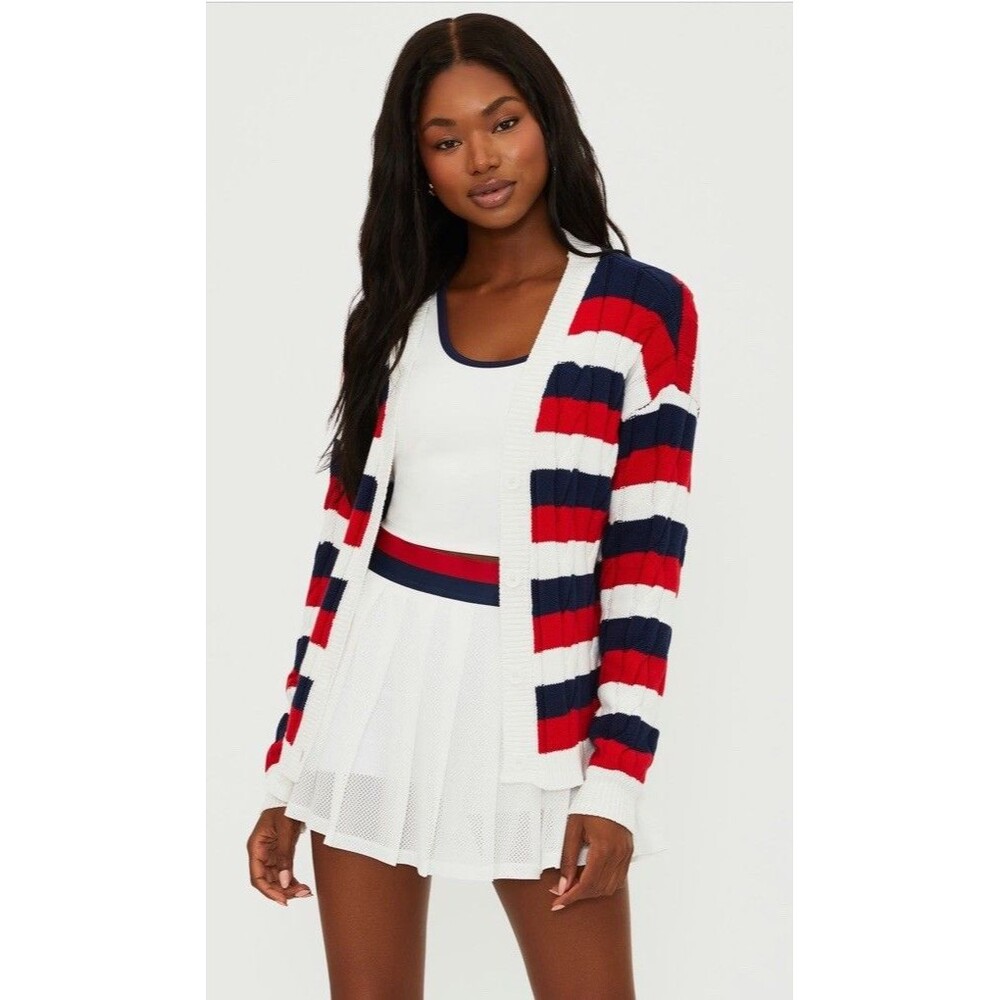 NWT Beach Riot Sherry V Neck Cardigan Cherry Indigo Stripes Small Tennis core